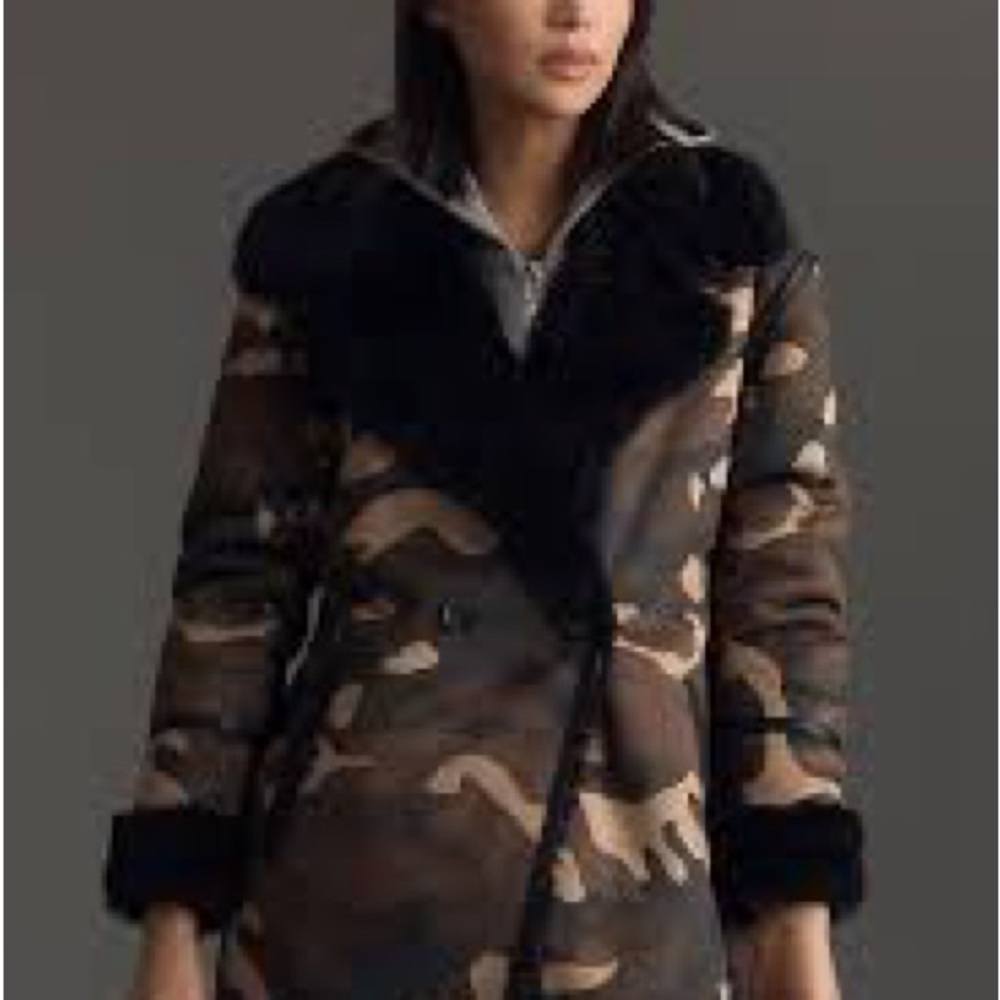 NWT | NLVT Camo Print Shearling Double Breasted Long Coat | Vegan